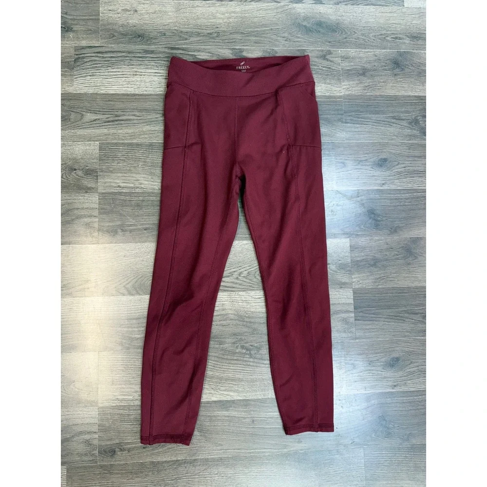 Freely Girls XL Burgundy Active Leggings Side Pockets Ribbed Waist Maroon Tights